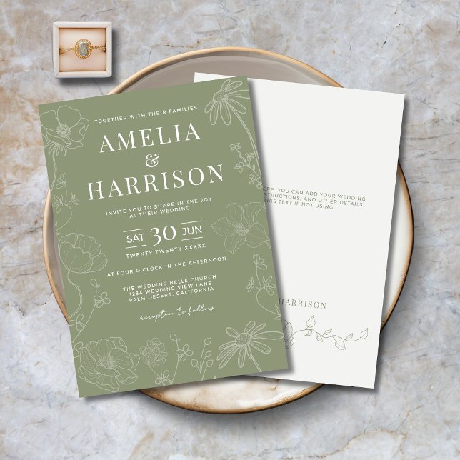 Sage Green Elegant Floral Wedding Invitation (Sage Green Elegant Floral Wedding Invitation with Line Art Flowers, Optional Text on Back.)