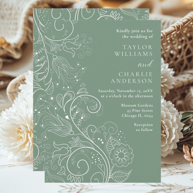 Sage Green Elegant Floral Wedding Invitation (Creator Uploaded)