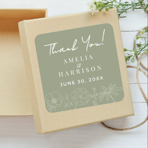 Sage Green Elegant Floral Wedding Thank You Square Sticker