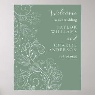 Sage Green Elegant Floral Wedding Welcome Poster