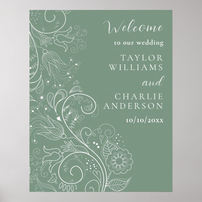 Sage Green Elegant Floral Wedding Welcome Poster (Front)