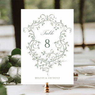 Sage Green Elegant French Victorian Floral Crest Table Number