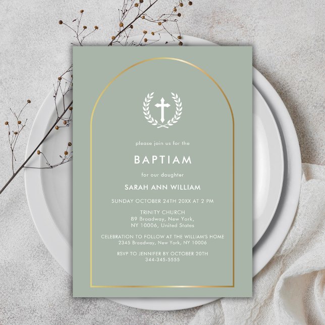 Sage Green Elegant Gold Arch Wreath Cross Baptism Invitation (Sage Green Elegant Gold Arch Wreath Cross Baptism Invitation)