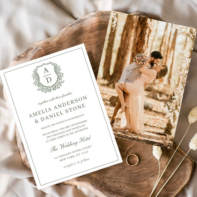 Sage Green Elegant Leafy Crest Monogram Wedding  Invitation (Creator Uploaded)