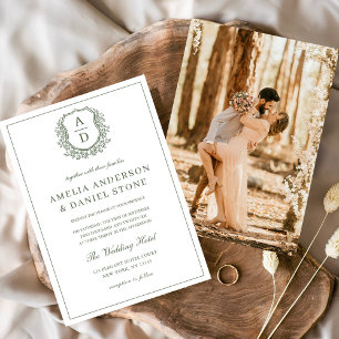 Sage Green Elegant Leafy Crest Monogram Wedding  Invitation