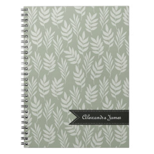 Sage Green Elegant Leaves Pattern With Name Spiral Notebook