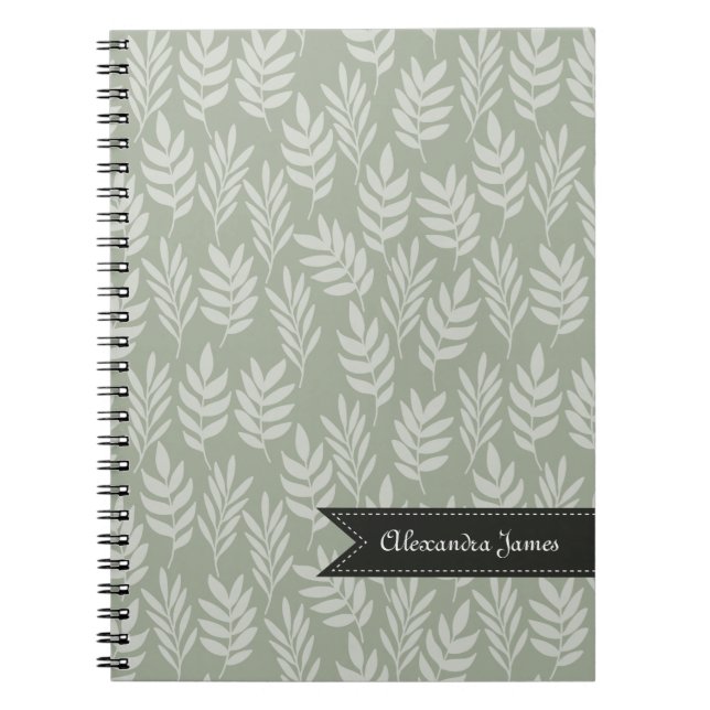Sage Green Elegant Leaves Pattern With Name Spiral Notebook (Front)