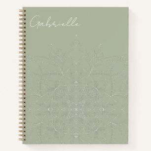 Sage Green Elegant Mandala Personalised Name Yoga Notebook