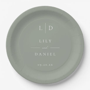 Sage Green Elegant Minimalist Monogram Wedding Paper Plate