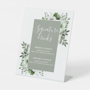 Sage Green Elegant Modern Floral Signature Drinks Pedestal Sign