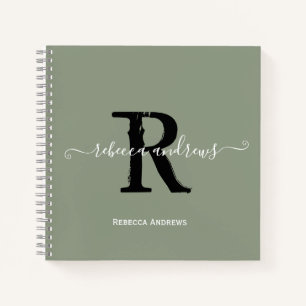 Sage Green Elegant Monogram Script Name Initial Notebook