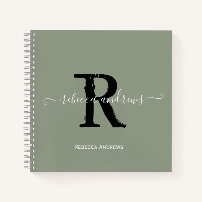Sage Green Elegant Monogram Script Name Initial Notebook (Front)