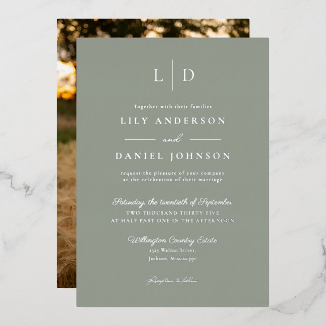 Sage Green Elegant Monogram Wedding Photo (Front/Back)