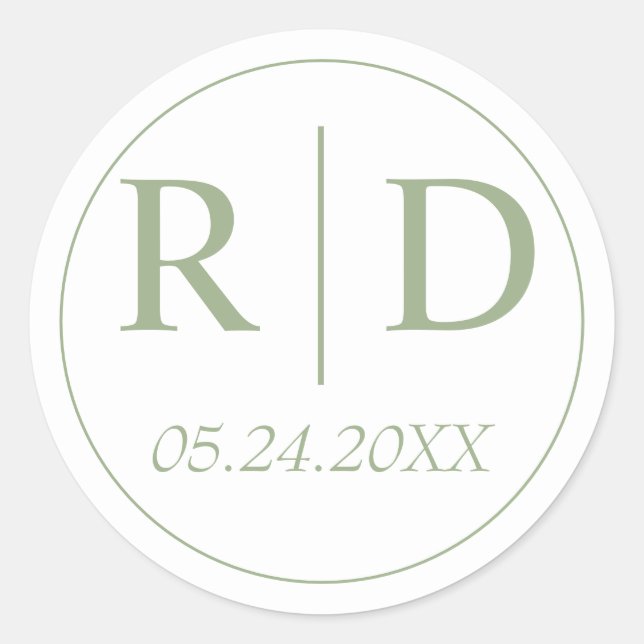 Sage green elegant monogram white wedding classic round sticker (Front)