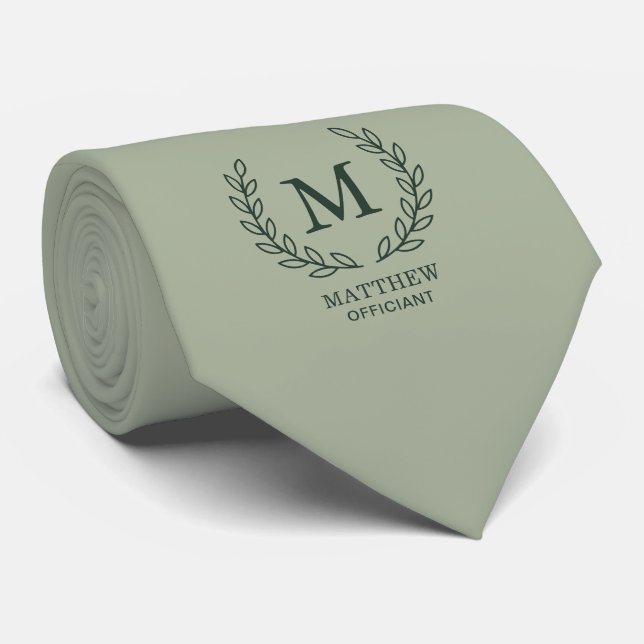 Sage Green Elegant Officiant Wedding Monogram Tie (Rolled)