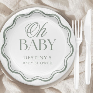 Sage Green Elegant Oh Baby Gender Neutral Shower Paper Plate