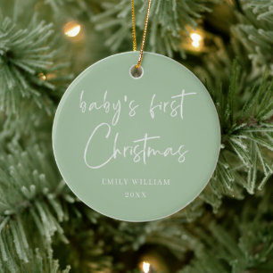 Sage Green Elegant Photo Baby's Frist Christmas Ceramic Tree Decoration