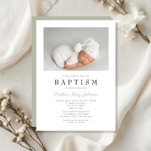Sage Green Elegant Photo Boy Baptism Invitation