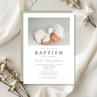 Sage Green Elegant Photo Boy Baptism Invitation