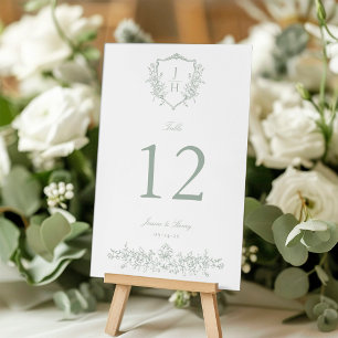 Sage Green Elegant Regency Floral Crest Wedding Table Number