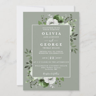 Sage Green Elegant Rustic Floral QR Code Wedding Invitation