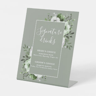 Sage Green Elegant Rustic Floral Signature Drinks Pedestal Sign