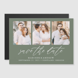 Sage Green Elegant Script 3 Photo Save the Date Magnetic Invitation