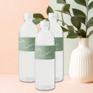 Sage Green Elegant Script Baby Shower Water Bottle Label