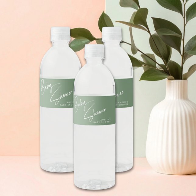 Sage Green Elegant Script Baby Shower Water Bottle Label (Creator Uploaded)