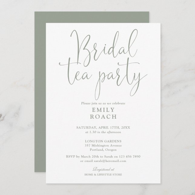 Sage Green Elegant Script Bridal Tea Party Shower Invitation (Front/Back)