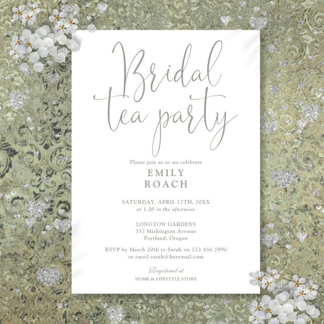 Sage Green Elegant Script Bridal Tea Party Shower Invitation (Sage Green Elegant Script Bridal Tea Party Shower Invitation)