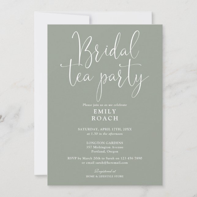 Sage Green Elegant Script Bridal Tea Party Shower Invitation (Front)
