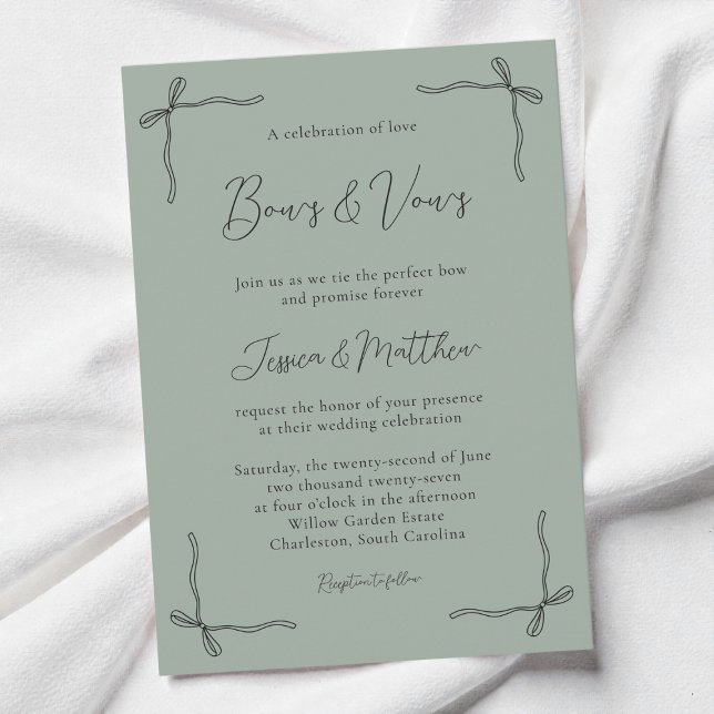 Sage Green Elegant Script Coquette Bow Wedding Invitation (Sage Green Elegant Script Coquette Bow Wedding Invitation)