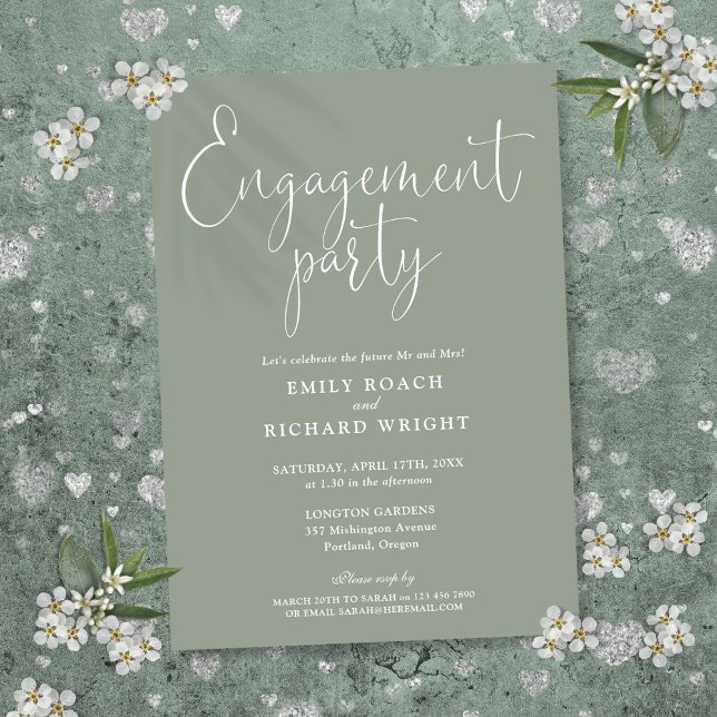 Sage Green Elegant Script Engagement Party Invitation (Sage Green Elegant Script Engagement Party Invitation)