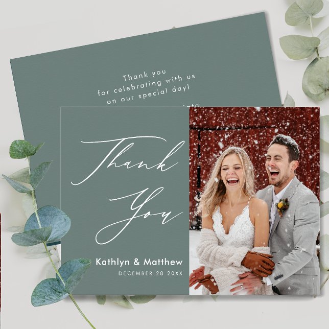 Sage Green Elegant Script Modern Photo Wedding Thank You Card (Creator Uploaded)