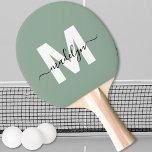 Sage Green Elegant Script Name Monogram Ping Pong Paddle<br><div class="desc">Create Your Own Personalised Sage Green Elegant Script Name Monogram Ping Pong Paddle. This chic ping pong paddle features a stylish monogram on the front with a flat, white initial on a soft sage green background, paired with a classic black script name for a personalised touch. The back remains a...</div>