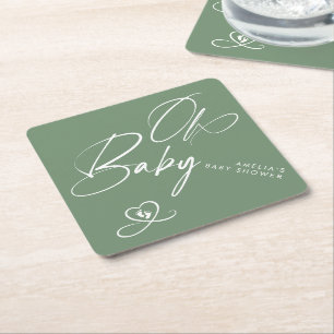 Sage Green Elegant Script Oh Baby Baby Shower Paper Coaster