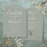 Sage Green Elegant Script QR Code Arch Wedding Invitation<br><div class="desc">Featuring signature style names,  this elegant sage green wedding invitation can be personalised with all your special wedding day information on the front and your wedding website details and QR code on the reverse. Designed by Thisisnotme©</div>