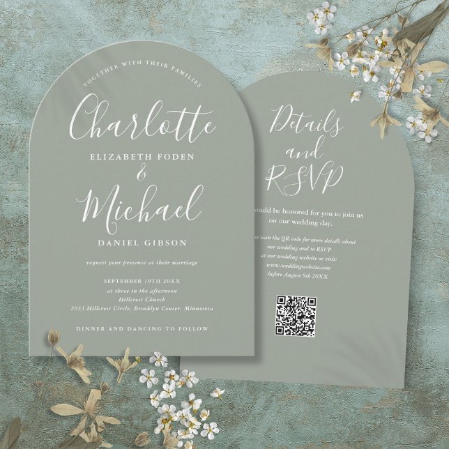 Sage Green Elegant Script QR Code Arch Wedding Invitation (Sage Green Elegant Script QR Code Arch Wedding Invitation)