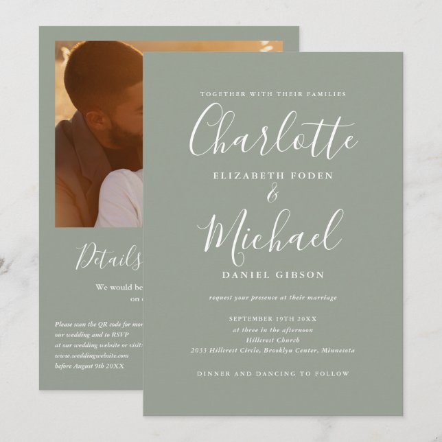 Sage Green Elegant Script QR Code Photo Wedding Invitation (Front/Back)