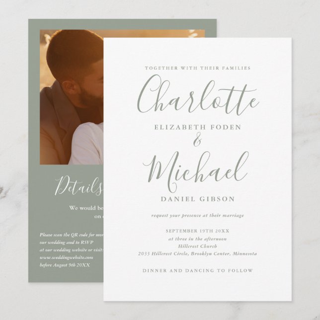Sage Green Elegant Script QR Code Photo Wedding Invitation (Front/Back)