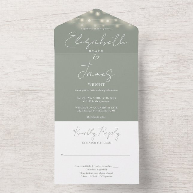Sage Green Elegant Script String Lights Wedding All In One Invitation (Inside)