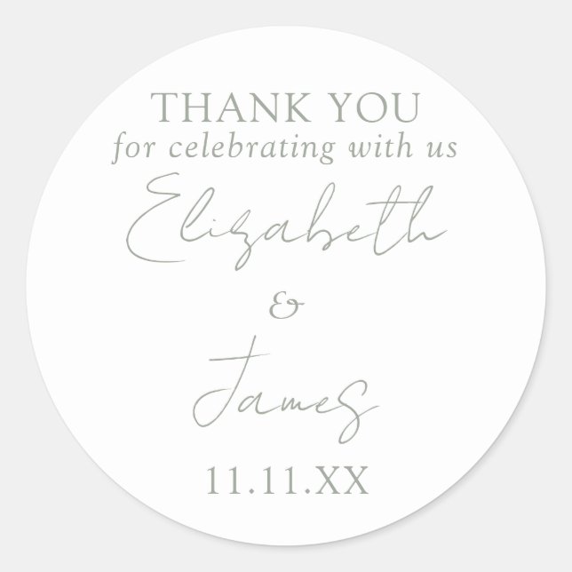 Sage Green Elegant Script Wedding Thank You Classic Round Sticker (Front)