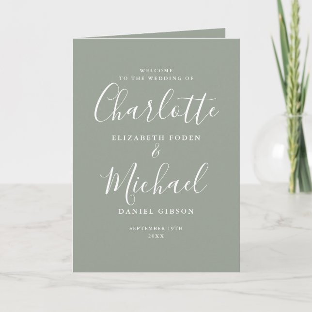 Sage Green Elegant Signature Script Wedding  Programme (Front)