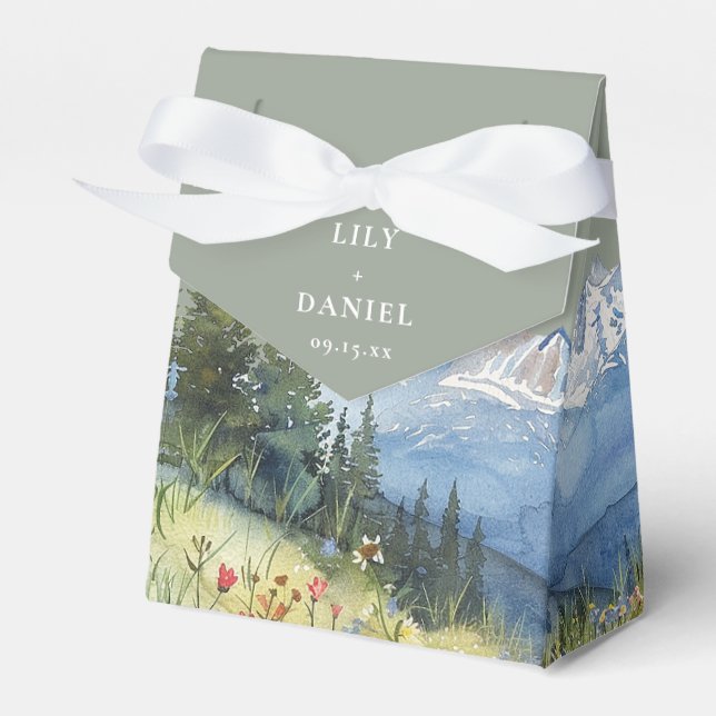 Sage Green Elegant Watercolor Mountain Wedding Favour Box (Front Side)