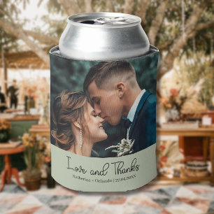 Sage Green Elegant Wedding Love and Thanks Photo Can Cooler