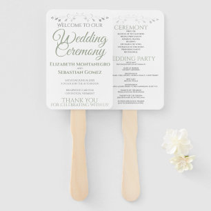 Sage Green Elegant White Wedding Fans with Program