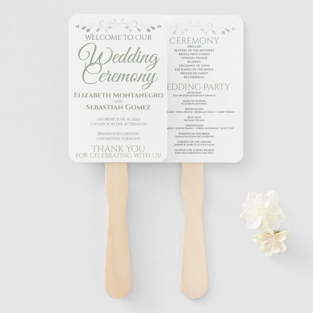 Sage Green Elegant White Wedding Fans with Program (Front and Back)