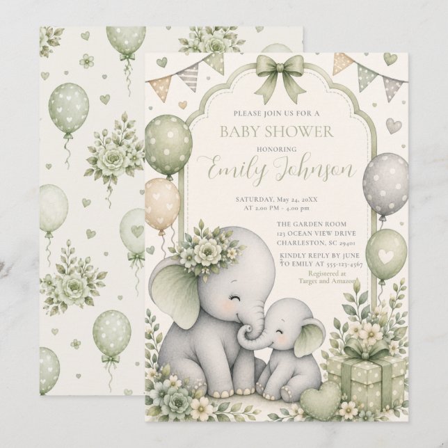 Sage Green Elephant Baby Shower Invitation (Front/Back)