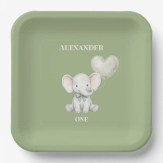 Sage Green Elephant First Birthday Name and Age Paper Plate